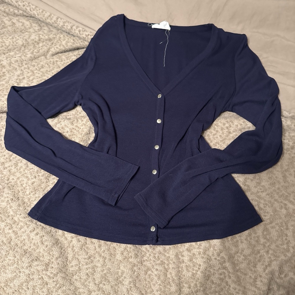 Navy Ribbed Button-Up V-Neck Cardigan